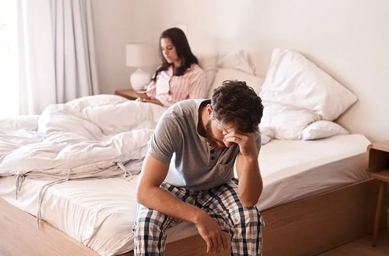 Bedroom couple and sad man with problem