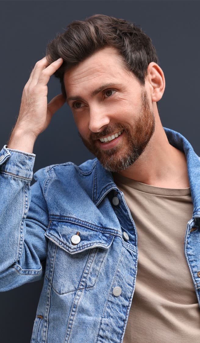 Portrait of smiling handsome bearded man on grey background Portrait of smiling handsome bearded man on grey background
