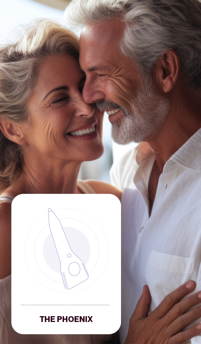 Affectionate mature couple flirting on a balcony.