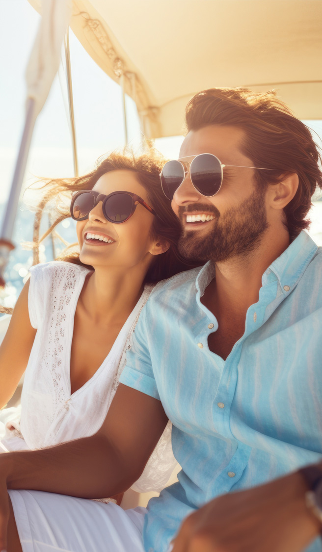 Beautiful couple looking in sunset from the yacht. Beautiful couple looking in sunset from the yacht.