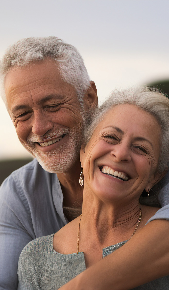 On a sunny beach, an older woman and man, dressed in casual outdoor clothing, embrace each other with a happy and loving smile, showcasing the beauty of life
