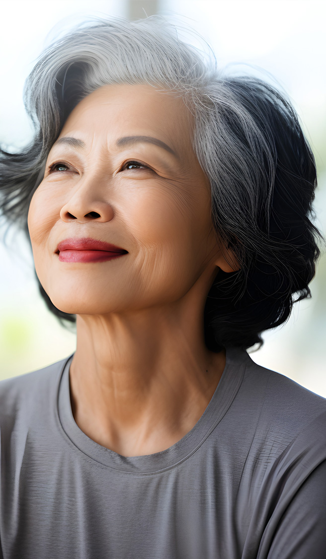 Happy senior retired asian woman practicing yoga at home