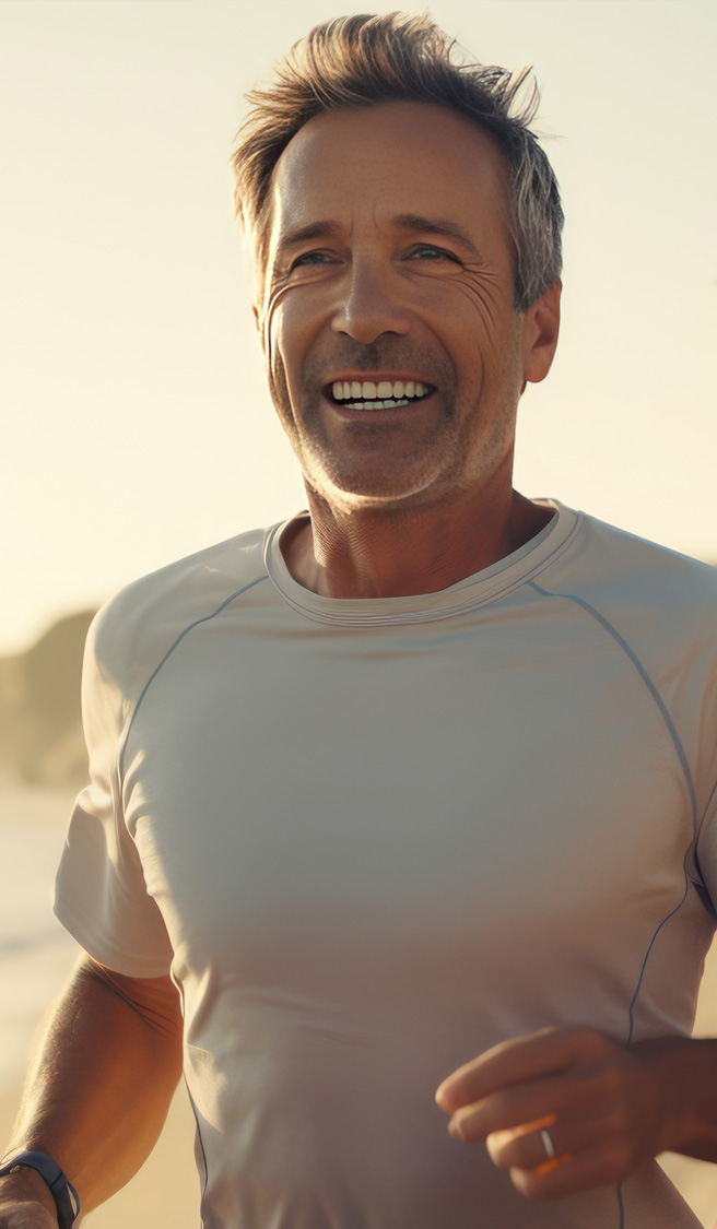 Smiley middle aged Caucasian man jogging workout on the beach