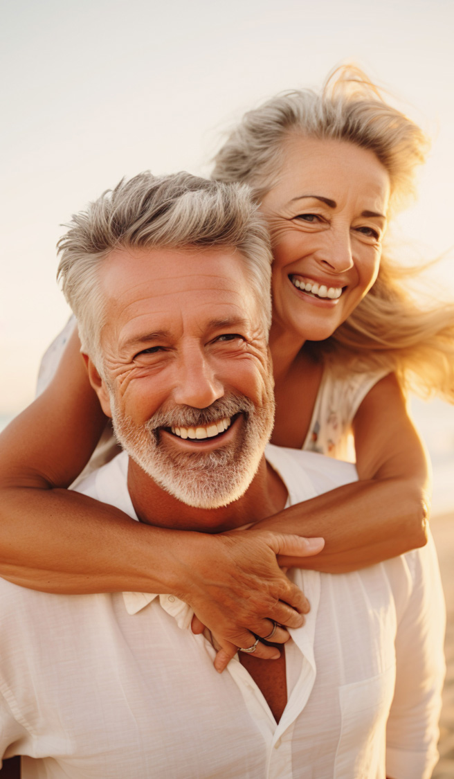 happy mature senior couple on the beach piggyback