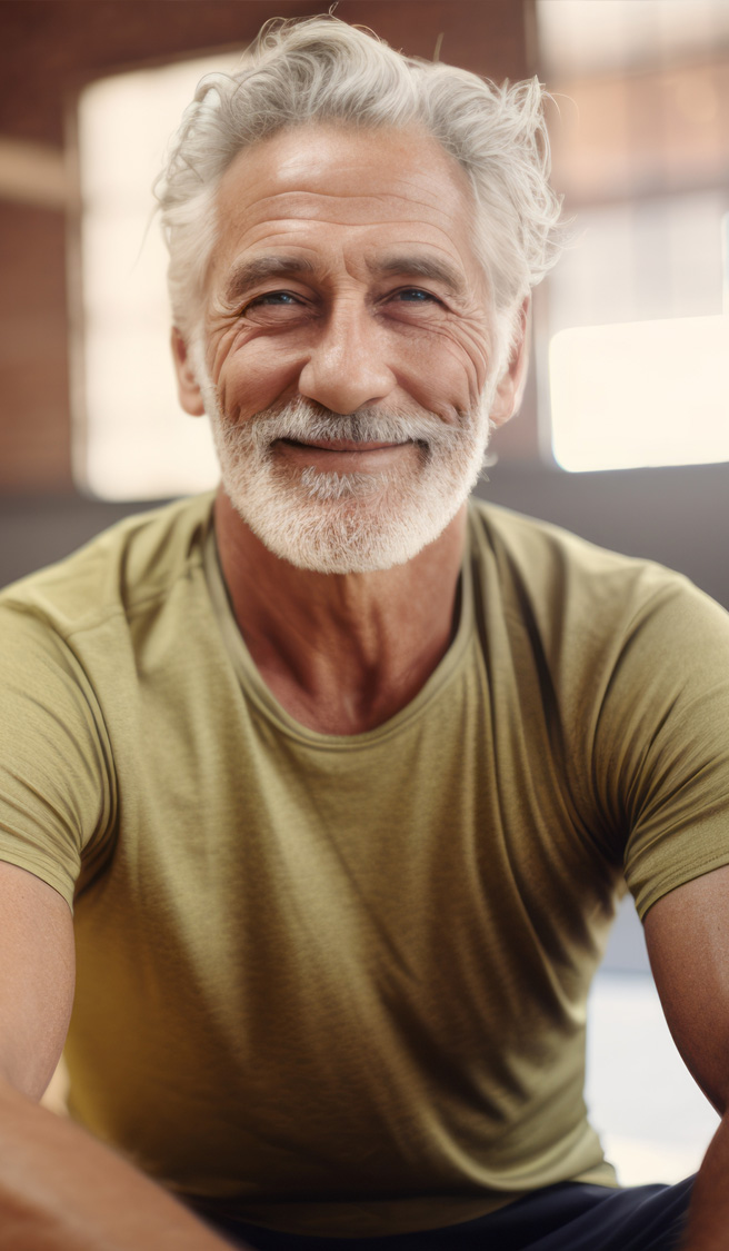 Portrait of smiling senior man sitting on yoga mat in fitness studio