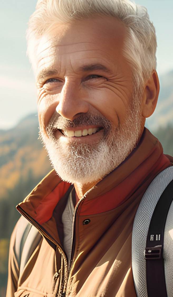 Happy older man standing in nature park enjoying natural park landscape. Smiling mature active traveler exploring camping tourism nature lake and mountains travel journey feeling freedom.